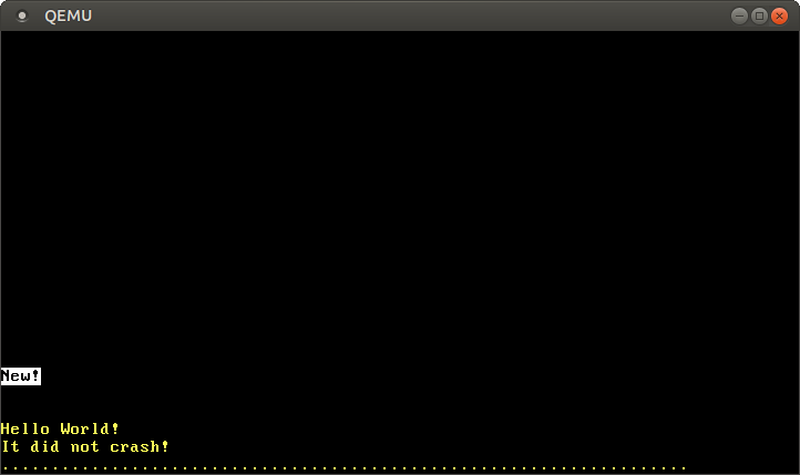 QEMU printing “It did not crash!” with four completely white cells in the middle of the screen