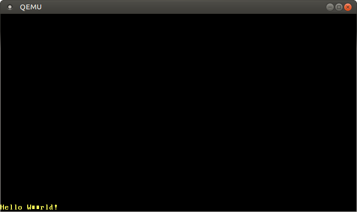 إخراج QEMU مع Hello W■■rld! باللون الأصفر في الزاوية السفلية اليسرى