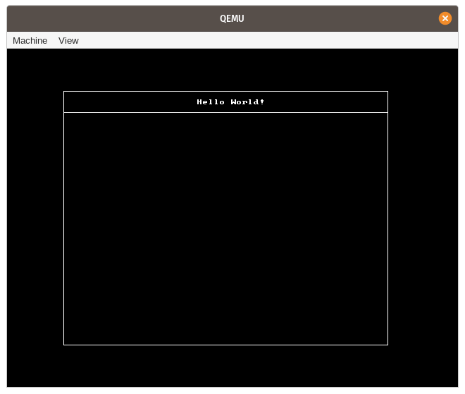 QEMU printing a box with “Hello World” in it