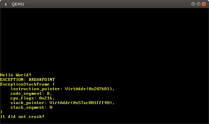 EXCEPTION: BREAKPOINT ve interrupt stack frame’i yazdıran QEMU