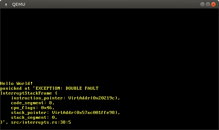 EXCEPTION: DOUBLE FAULT ve exception stack frame’ini yazdıran QEMU