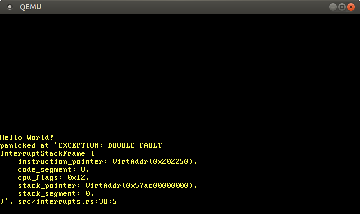 EXCEPTION: DOUBLE FAULT ve exception stack frame’inin dökümünü yazdıran QEMU
